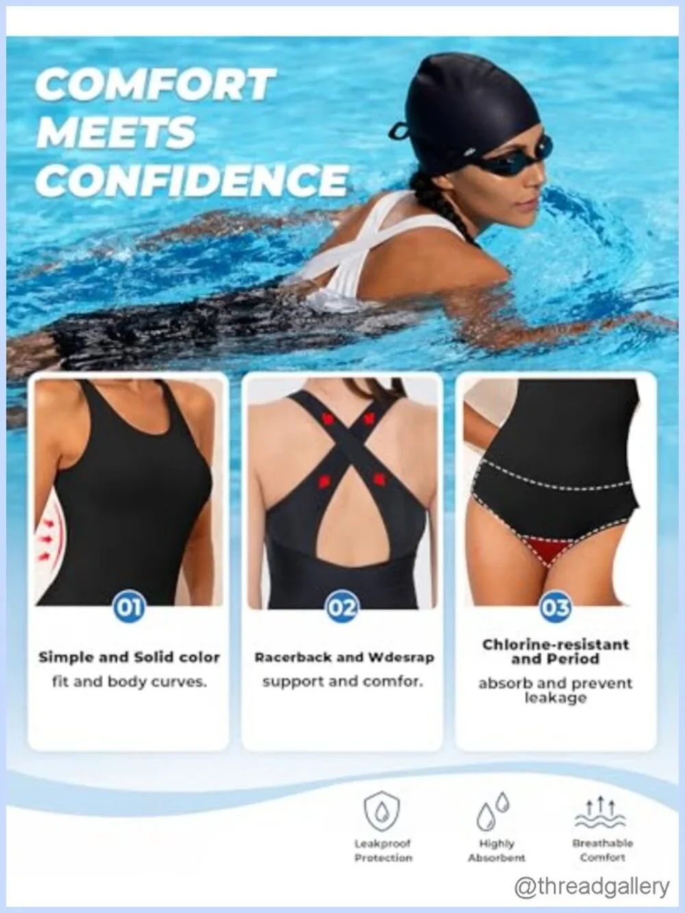 Racerback One-Piece Period Swimwear Leakproof Chlorine Resistant Black